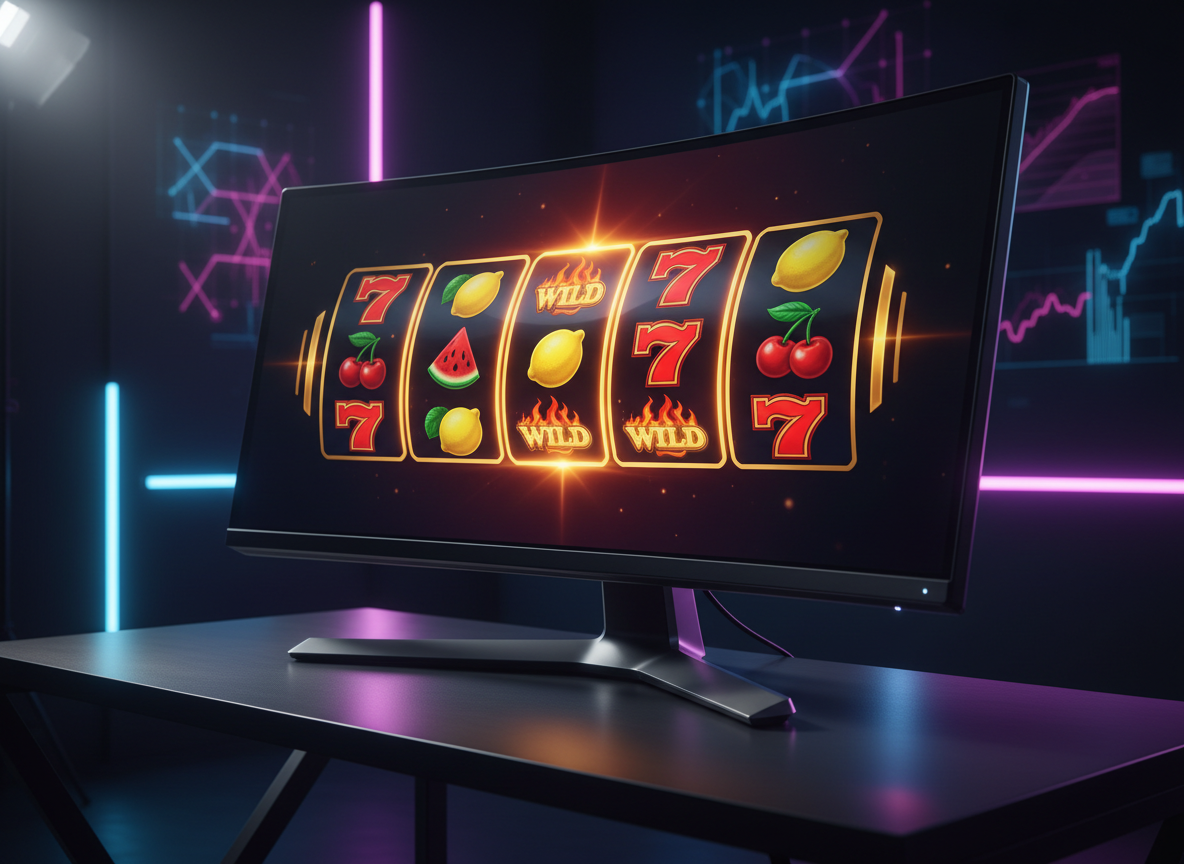 A dramatic close-up of a sleek, black and gold online slot machine interface glowing on a high-resolution gaming monitor, the reels frozen mid-spin showing vibrant fruit symbols, sevens, and shining wild icons. The monitor sits on a dark brushed-metal desk with subtle reflections, surrounded by softly blurred hints of neon-colored light strips and abstract digital charts in the background. Intense, directional studio lighting creates sharp highlights on the metallic edges and deep shadows around the screen, emphasizing contrast. Shot from a slightly angled eye-level perspective with shallow depth of field, the composition centers the spinning reels, evoking a bold, high-stakes atmosphere. Photographic realism with saturated colors and a clean, modern, tech-driven aesthetic suitable for a premium slot online brand.